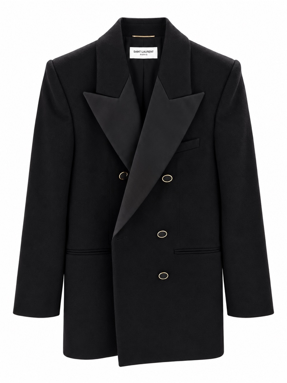 Saint Laurent Black Double-Breasted Tuxedo Blazer with Gold Buttons